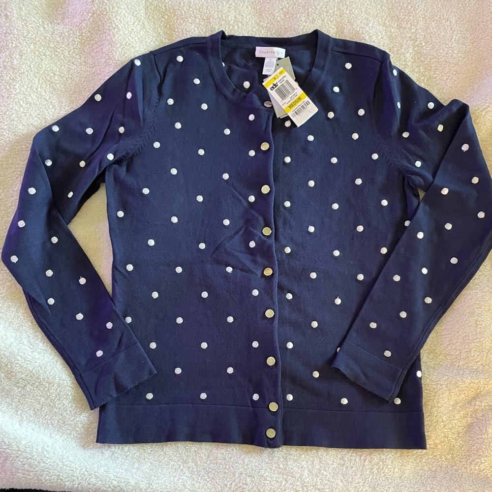 Charter Club Navy Blue and White Polka Dot Cardigan Sweater